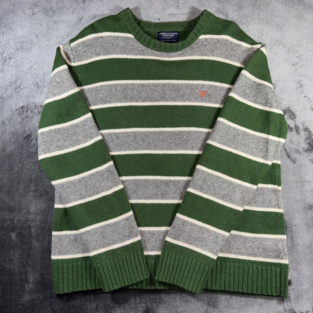 American Eagle Mens Striped Cotton Wool Blend Crewneck Sweater Green L